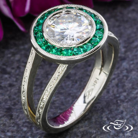 Antique Inspire Emerald Halo Engagement Ring