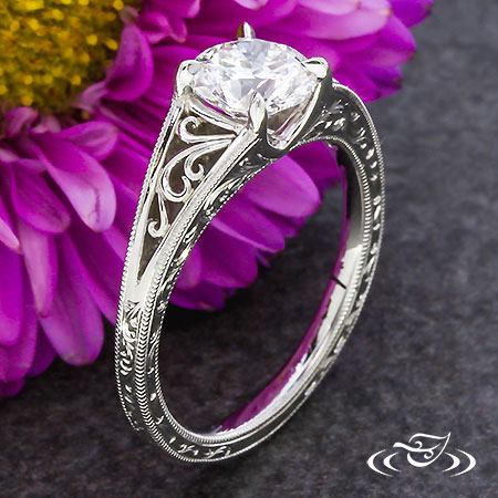 Platinum Filigree And Scroll Engraved Engagement Ring