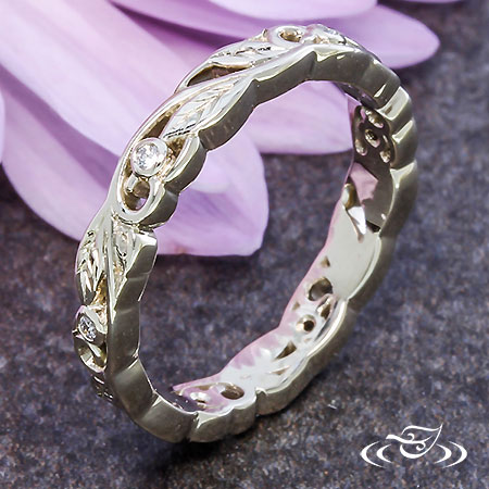 White Gold Leaf And Curl Diamond Band