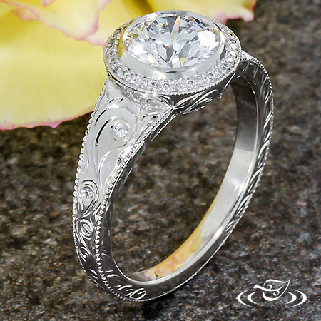 Antique Engraved Halo Engagement Ring