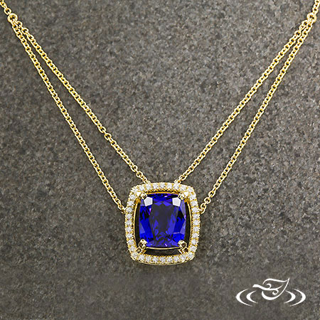 Yellow Gold Diamond Halo Necklace With Tanzanite Center Stone