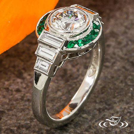 Diamond And Emerald Semi Halo Engagement Ring