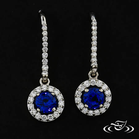 14Kw Halo Dangle Earrings With Blue Sapphire Center