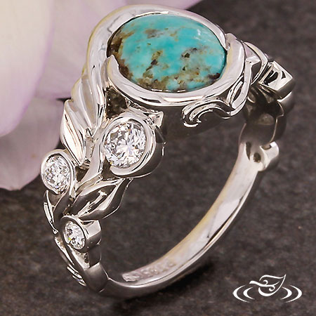 Platinum Floral Band With Turquoise Center Stone And Diamond Accents