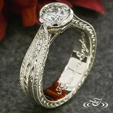 White Gold Wheat Engraved Engagement Ring