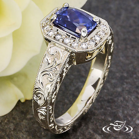 Blue Sapphire Scroll Halo Engagement Ring
