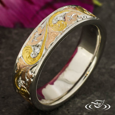Platinum Ornate Engraved Band With Inlay