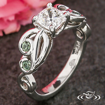 Cushion Cut Engagement Ring With Green Montana Sapphires