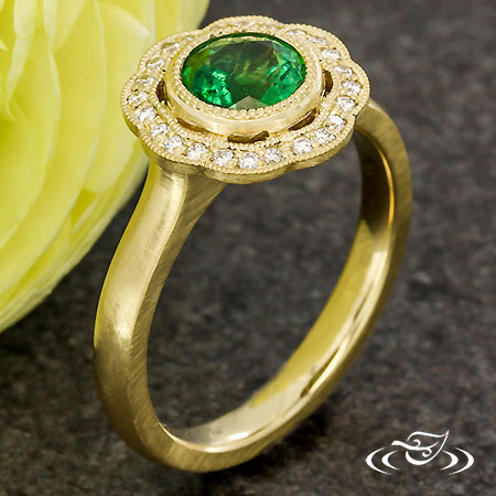 Emerald Scalloped Halo Engagement Ring