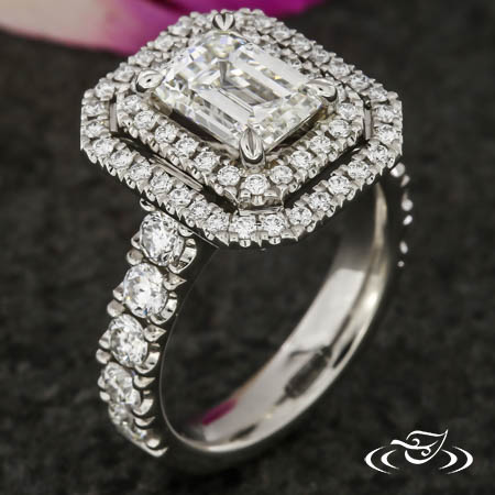 Classic Emerald Cut Diamond Engagement Ring With Double Halo