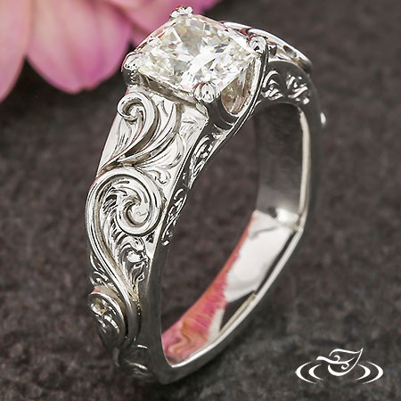 Custom Scroll Engraved Ring With Filigree Curls