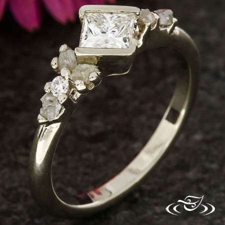  Wrap Design Set With A Princess Cut Diamond With Rough Diamond Accents.