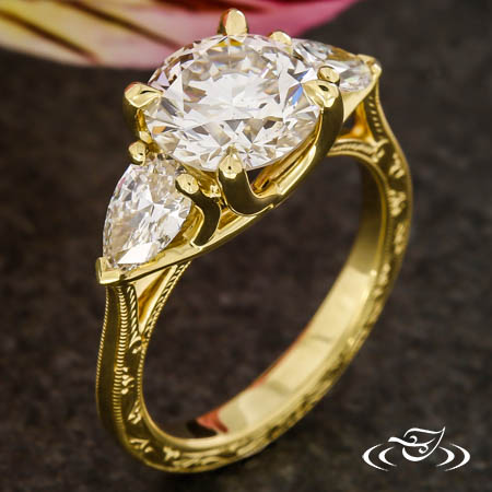 Engraved Yellow Gold Three Stone Engagement Ring