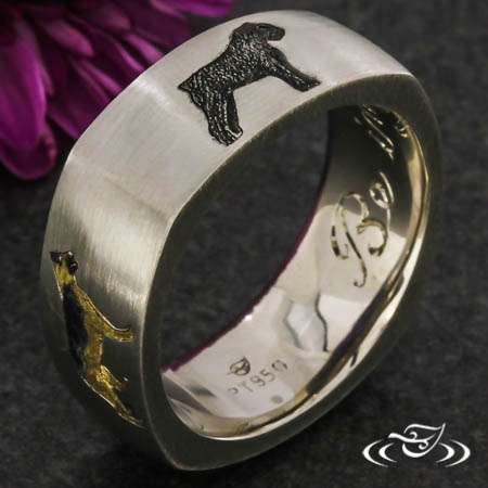 Custom Squared Profile Platinum Men's Ring With Three Gold/Palladium Inlaid And Engraved Dogs