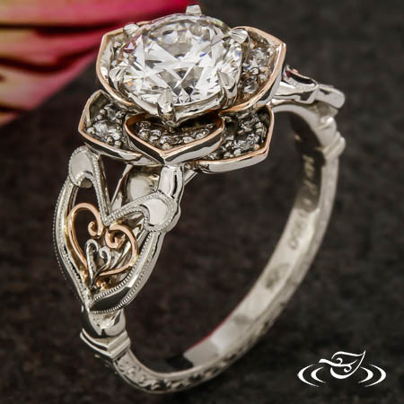 Rose Gold & Platinum Lotus Ring With Filigree Hearts