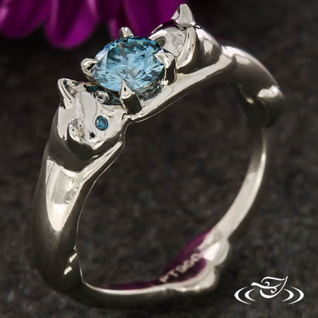 Custom Cat Ring Set With A Round Blue Diamond