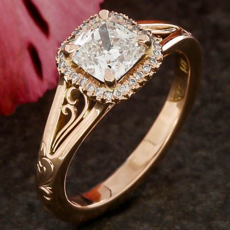 Filigree Rose Gold Cushion Halo Engagement Ring