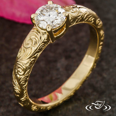 Golden Scroll Engraved Engagement Ring