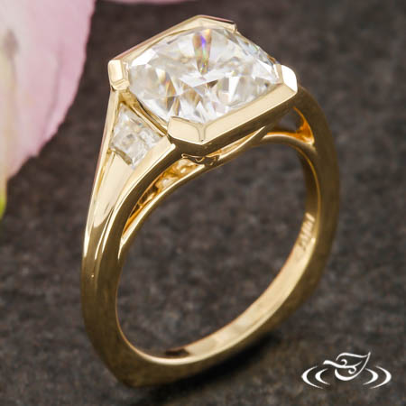 Yellow Gold Engagement Ring With Cushion Cut Center And Trapezoid Sides