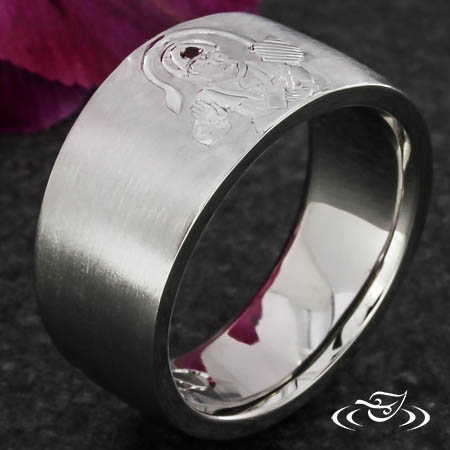 Custom Engraved 'Hanuman' Men's Wedding Ring With Ruby