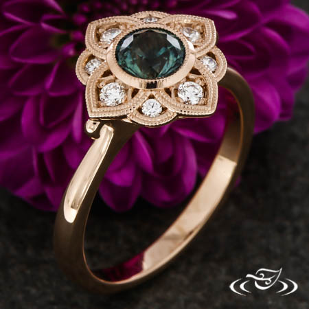 Rose Gold And Montana Sapphire Diamond Halo Engagement Ring