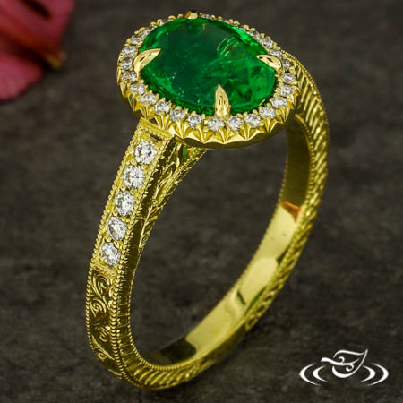 French Set Emerald Halo Ring