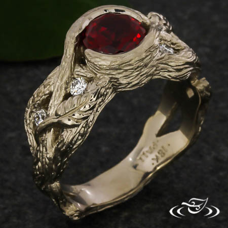 Custom Branch/Leaf Textured Semi-Bezel Setting With Round Chatham Ruby Center