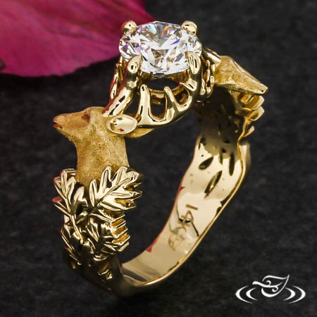 Custom Stag Ring With White Oak Leaf Design Elements.