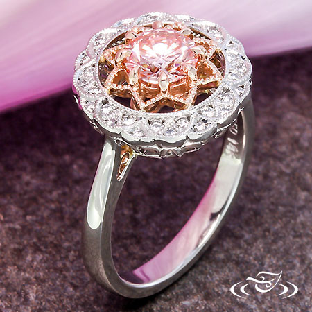 Delicate Halo Ring With Rose Gold Accents And Filigree Details