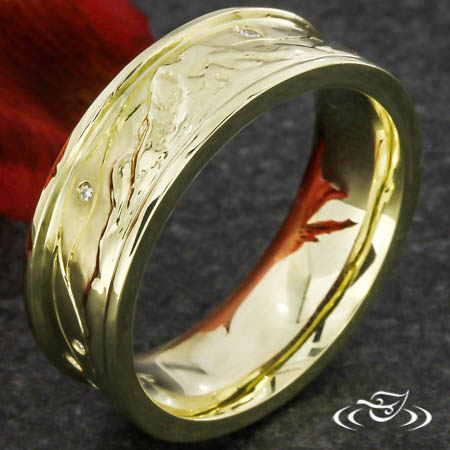 Custom Men's 14Kt Green Gold, Mountain Carved Band With Diamond Night Sky