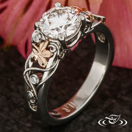 Custom Platinum Plumeria Flower & Filigree Engagement Ring