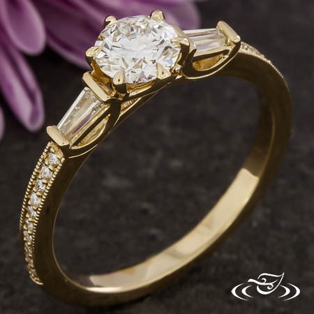 Yellow Gold Diamond Engagement Ring With Baguette Side Stones & Bead Set Band