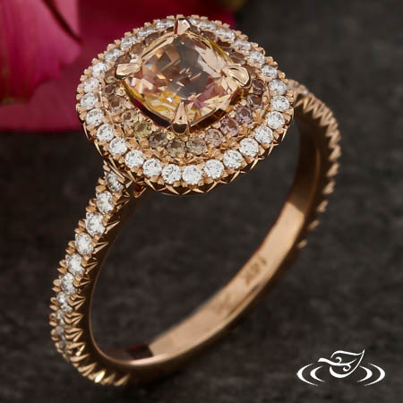 Rose Gold Double Halo Cushion Engagement Ring With Pink Sapphires