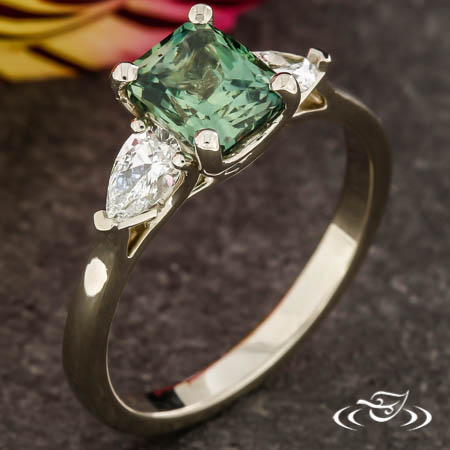 Three Stone Trellis Ring With Radiant Sapphire