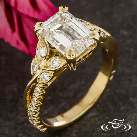 Emerald Cut Diamond Engagement Ring With Leaf Motif