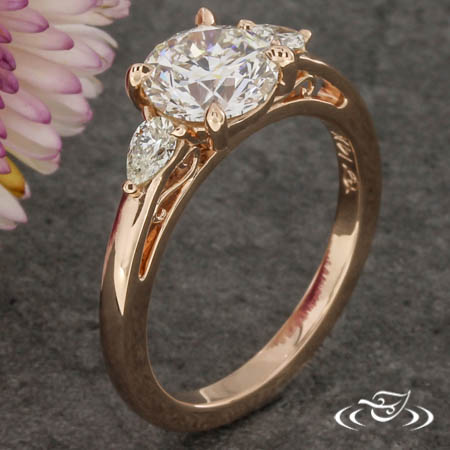 14K Rose Gold Engagement Ring With Filigree And Pear Shaped Side Stones