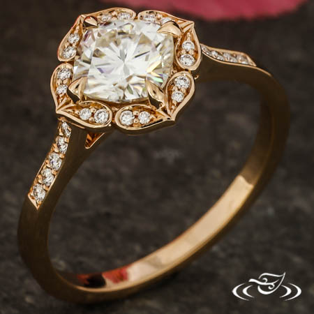 Kite-Set Cushion Diamond Set In Scalloped Halo Engagement Ring