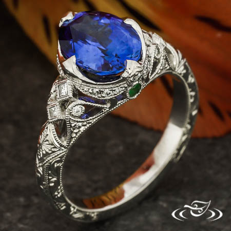 Platinum Edwardian Inspired Ring With Blue Sapphire Center
