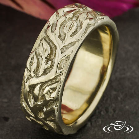 Organic 18K White Gold Carved 7MM Band