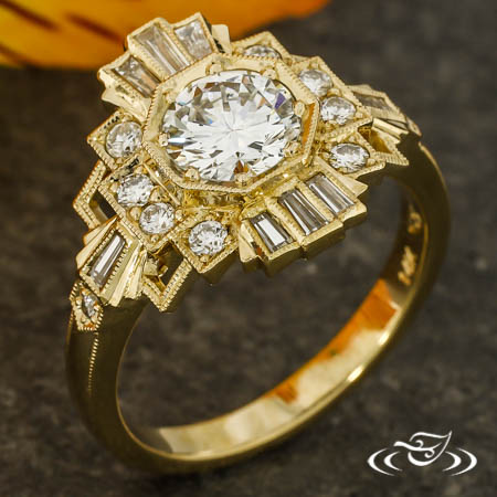 Golden Art Deco Halo Engagement Ring