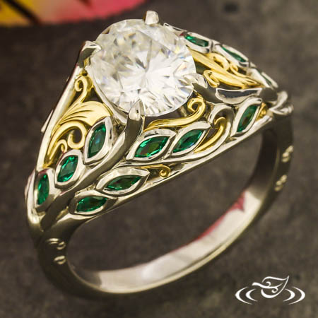 Emerald Leaf Wrap Ring With Filigree Vines