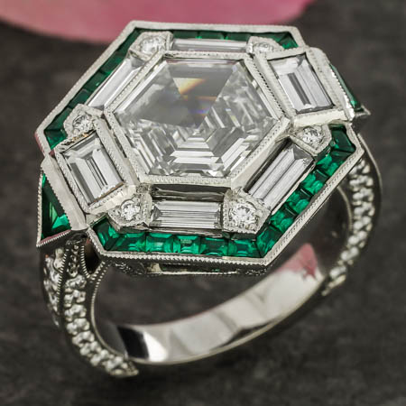 Hexagonal Diamond & Emerald Anniversary Ring
