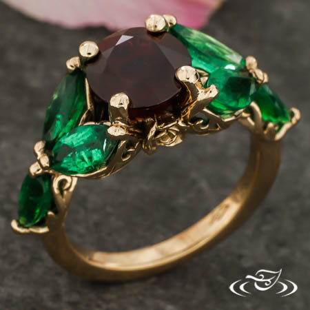Ruby Rose Engagement Ring With Emerald Leaves