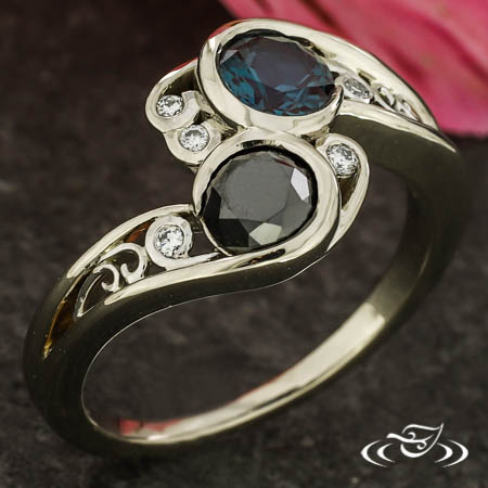 Moi Et Toi Style Engagement Ring With Black Diamond, Lab Created Alexandrite, And Lab Diamond Accents