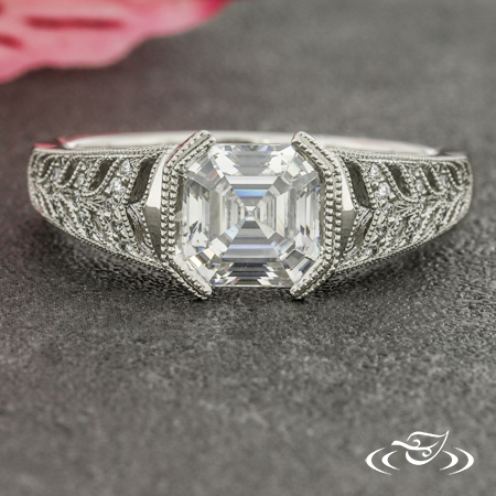 An asscher cut engagement ring with a pierced wheat band with bead set diamonds and milgrain edges.