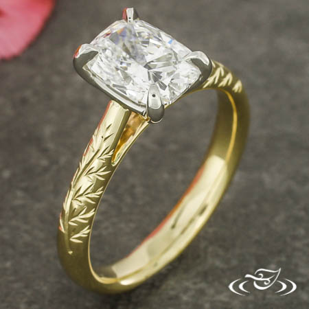Two Tone Fern Engraved Engagement Ring