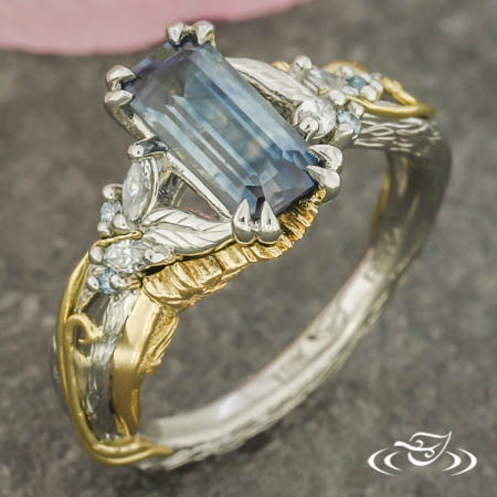 Emerald Cut Sapphire Ring With Vines & Gladiolus Flowers