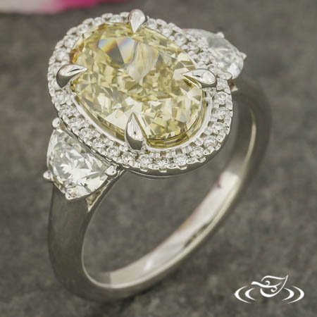 14Kw Oval Yellow Lab Diamond Halo 3-Stone Ring