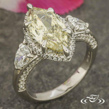 14Kw Marquise Yellow Lab Diamond Halo 3-Stone Ring