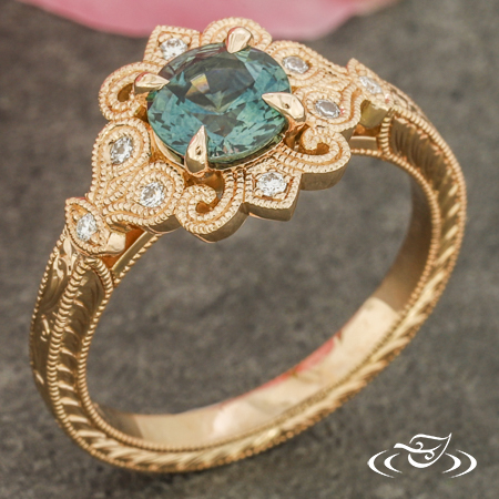 Sapphire Ring With Decorative Halo, Engraving, And Milgrain